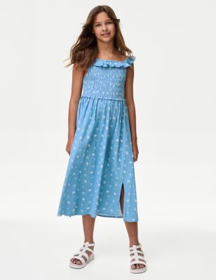 M&S Girl's Pure Cotton Ditsy Floral Dress (6-16 Yrs) - 6-7 Y - Blue, Blue