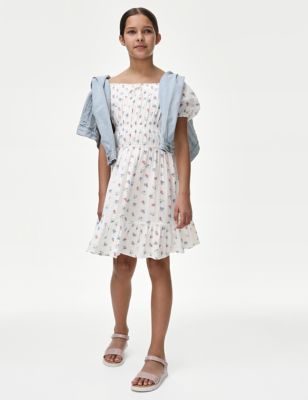M&S Girl's Pure Cotton Floral Dress (6-16 Yrs) - 6-7 Y - Ivory Mix, Ivory Mix