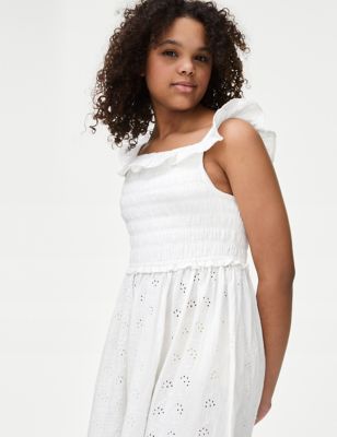 M&S Girls Pure Cotton Broderie Dress (6-16 Yrs) - 7-8 Y - Ivory, Ivory