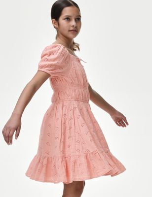 M&S Girl's Pure Cotton Broderie Dress (6-16 Yrs) - 6-7 Y - Coral, Coral