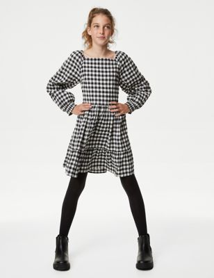 

Girls M&S Collection Cotton Blend Gingham Shirred Dress (6-16 Yrs) - Black Mix, Black Mix