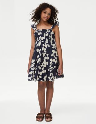 M&S Girls Pure Cotton Mini Me Printed Dress (6-16 Yrs) - 6-7 Y - Navy, Navy,Blue Mix