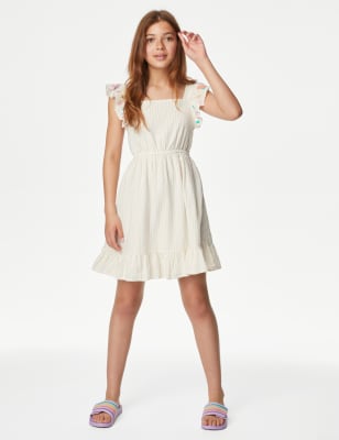 

M&S Collection Vestido de algodón de rayas bordado (6-16 años) - Ivory, Ivory