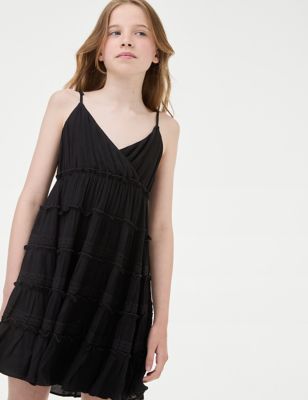 M&S Girl's Lace Trim Dress (6-16 Yrs) - 6-7 Y - Black, Black,Ivory