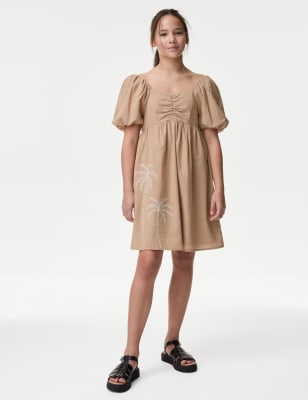 M&S Girls Cotton Rich Embroidered Palm Tree Dress (6-16 Yrs) - 6-7 Y - Brown, Brown