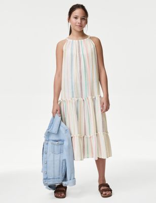 M&S Girls Pure Cotton Striped Halterneck Dress (6-16 Yrs) - 6-7 Y - Multi, Multi