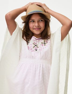 M&S Girl's Pure Cotton Embroidered Kaftan (6-16 Yrs) - 6-7 Y - Ivory Mix, Ivory Mix