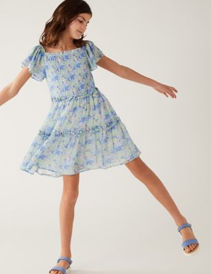 Girls M&S Collection Floral Shirred Tiered Dress (6-16 Yrs) - Blue Mix, Blue Mix