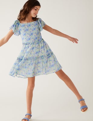 

Girls M&S Collection Floral Shirred Tiered Dress (6-16 Yrs) - Blue Mix, Blue Mix