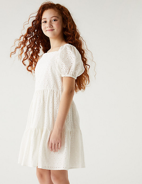 纯棉层褶连衣裙（6-16 岁） - SG