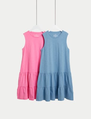 

Girls M&S Collection 2pk Pure Cotton Tiered Dresses (6-16 Yrs) - Blue Mix, Blue Mix