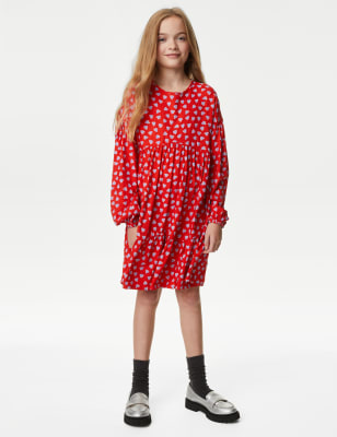 

Girls M&S Collection Heart Print Tiered Dress (6-16 Yrs) - Red Mix, Red Mix