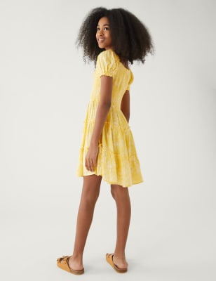 Girls Tiered Casual Dress with Flared Sleeves & Floral Detailing