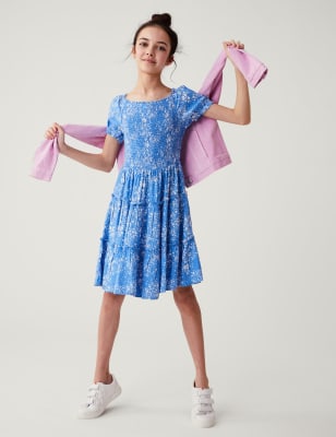 

Girls M&S Collection Floral Print Tiered Dress (6-16 Yrs) - Blue, Blue