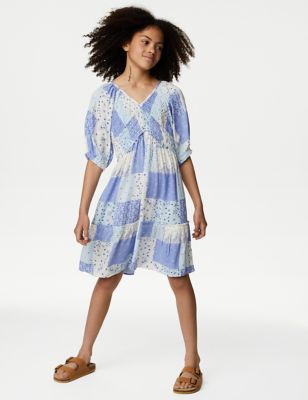 Patchwork Print Shirred Tiered Dress (6-16 Yrs)