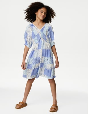 

Girls M&S Collection Patchwork Print Shirred Tiered Dress (6-16 Yrs) - Blue Mix, Blue Mix