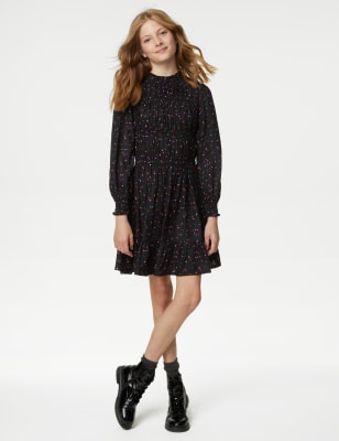 

M&S Collection Gesmoktes, gemustertes Samtkleid (6-16 J.) - Black Mix, Black Mix