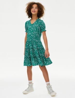 M&S Girls Heart Tiered Dress (6-16 Yrs) - 6-7 Y - Green Mix, Green Mix,Red Mix