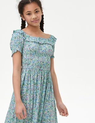 M&S Girl's Floral Dress (6-16 Yrs) - 6-7 Y - Blue Mix, Blue Mix