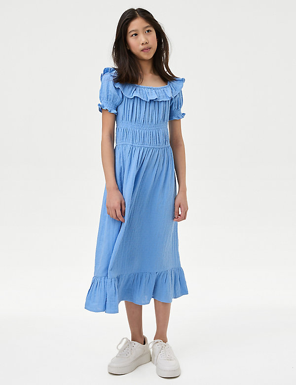 Pure Cotton Shirred Frill Dress (6-16 Yrs) - VN