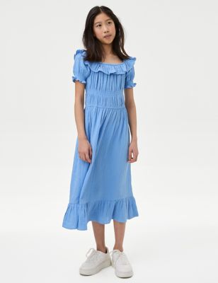 M&S Girls Pure Cotton Shirred Frill Dress (6-16 Yrs) - 7-8 Y - Blue, Blue