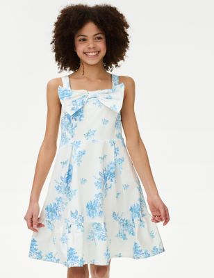 M&S Girls Cotton Rich Sateen Floral Dress (7-16 Yrs) - 7-8 Y - Blue Mix, Blue Mix,Coral