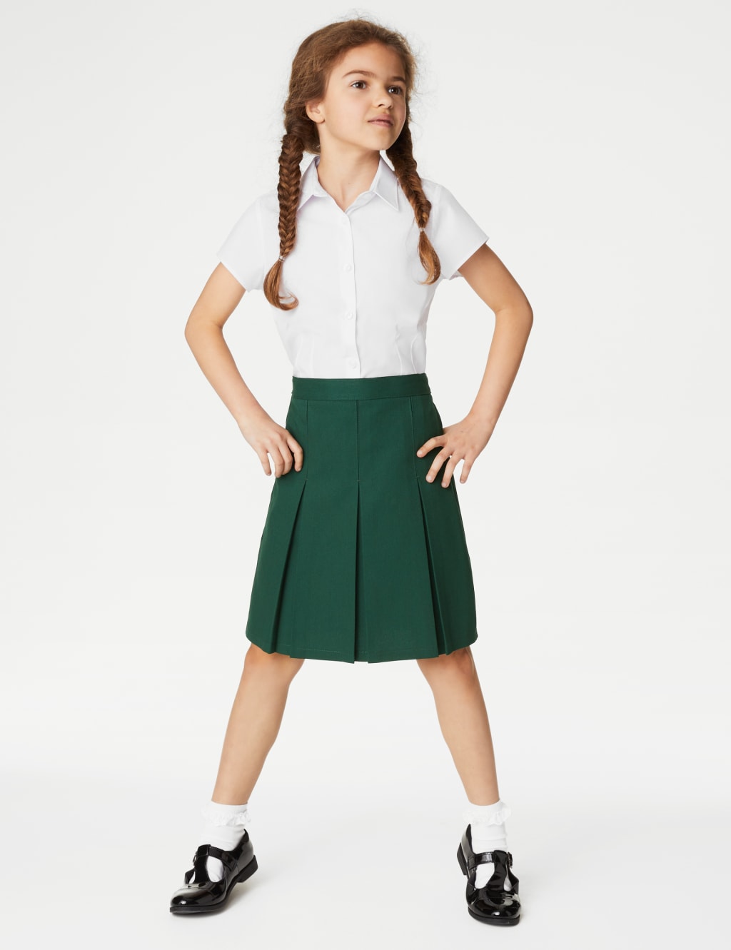 Green pleated skirt school top