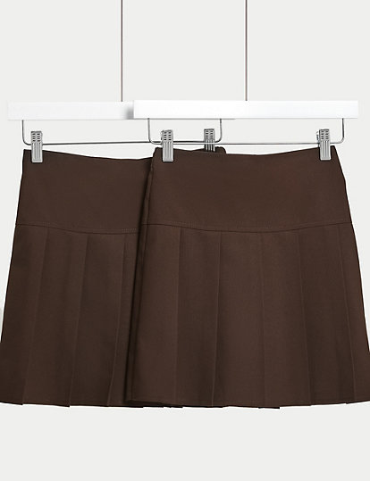M&S Collection 2Pk Girls' Crease Resistant School Skirts (2-16 Yrs) - 2-3 Y - Brown, Brown
