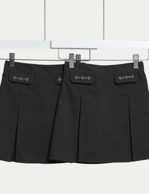 M&S Girls 2-Pack Embroidered School Skirts (2-18 Yrs) - 10-11 - Grey, Grey