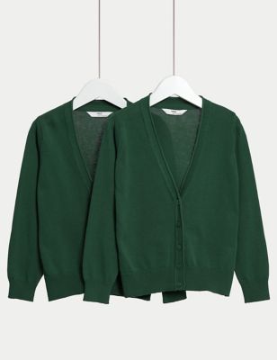 M&S Girls 2-Pack Pure Cotton School Cardigan (3-18 Yrs) - 5-6 Y - Green, Green,Blue,Black,Red,Navy,G