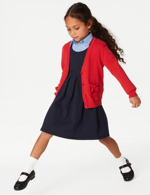 Gilet fille 100 % coton à poches et noeuds, idéal pour l'école - Red