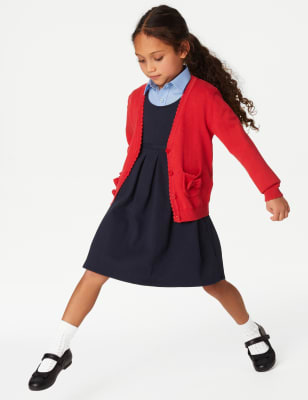 Gilet fille 100 % coton à poches et noeuds, idéal pour l'école - Red