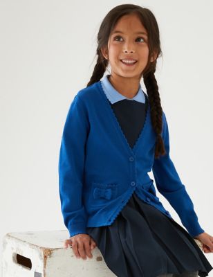 Gilet fille 100 % coton à poches et noeuds, idéal pour l'école - Blue