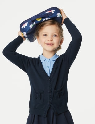 Gilet fille 100 % coton à poches et noeuds, idéal pour l'école - Navy