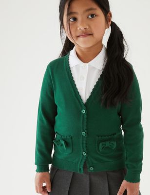 Gilet fille 100 % coton à poches et noeuds, idéal pour l'école - Green