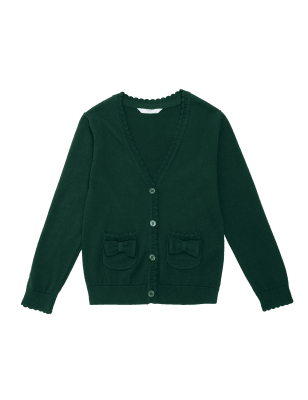 

M&S Collection Schulstrickjacke aus reiner Baumwolle mit Tasche und Schleifendetail für Mädchen (3-18 Jahre) - Green, Green