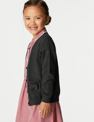 Marks And Spencer Girls M&S Collection Girls' Pure Cotton Bow Pocket School Cardigan (3-18 Yrs) - Grey, Grey