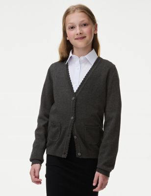 M&S Girls Girl's Pure Cotton School Cardigan (2-18 Yrs) - 3-4 Y - Grey, Grey,Navy,Red