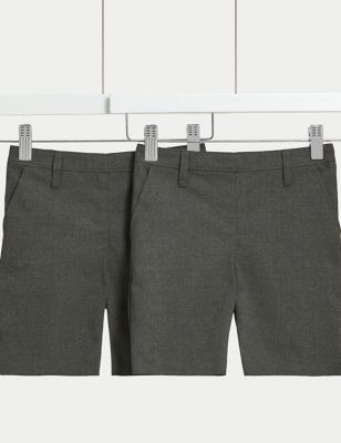 M&S Girls 2pk Girl's Slim Leg School Shorts (2-16 Yrs) - 7-8 Y - Grey, Grey