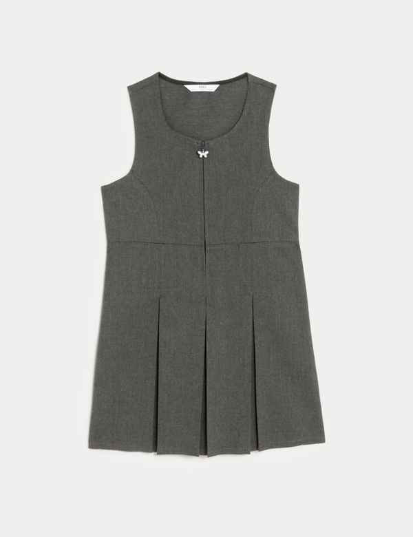 Girls Box Pleated Two Buttoned Heart On Zip Pinafore Kids School Uniform Dress 