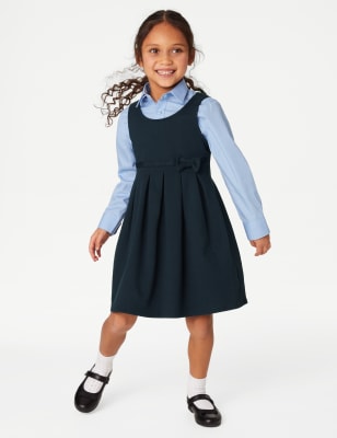 M&S Girls 2-Pack Jersey Bow School Pinafores (2-12 Yrs) - 6-7 Y - Navy Mix, Navy Mix,Grey,Black