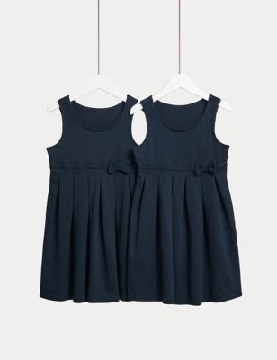 M&S Girls 2-Pack Jersey Bow School Pinafores (2-12 Yrs) - 10-11 - Navy Mix, Navy Mix,Grey