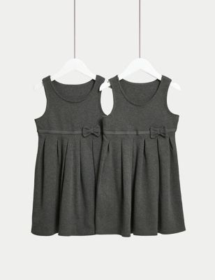 M&S Girls 2-Pack Jersey Bow School Pinafores (2-12 Yrs) - 9-10Y - Grey, Grey