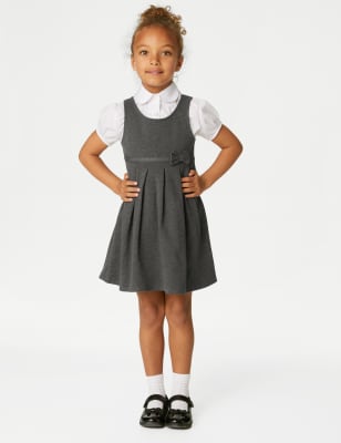 M&S Girls 2-Pack Jersey Bow School Pinafores (2-12 Yrs) - 4-5 Y - Grey, Grey