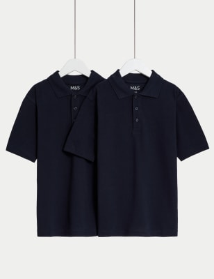 M&S 2pk Unisex Pure Cotton School Polo Shirts (2-18 Yrs) - 17-18 - Navy, Navy