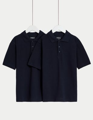 M&S 2pk Unisex Pure Cotton School Polo Shirts (2-18 Yrs) - 2-3 Y - Navy, Navy,Gold