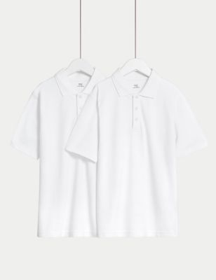 M&S 2pk Unisex Easy Dressing School Polo Shirts (2-18 Yrs) - 12-13 - White, White