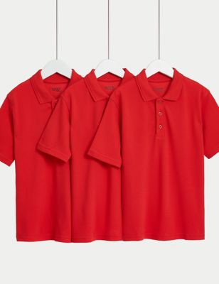 M&S 3pk Unisex Stain Resist School Polo Shirts (2-18 Yrs) - 14-15 - Red, Red,White,Blue