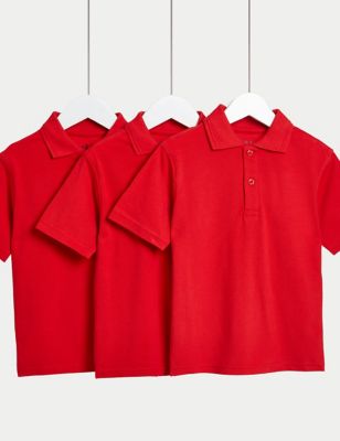 M&S 3pk Unisex Pure Cotton School Polo Shirts (2-16 Yrs) - 4-5 Y - Red, Red,Blue,White,Grey,Yellow