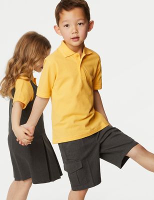 M&S 3pk Unisex Pure Cotton School Polo Shirts (2-16 Yrs) - 7-8 Y - Yellow, Yellow,Red,Blue,White,Gre